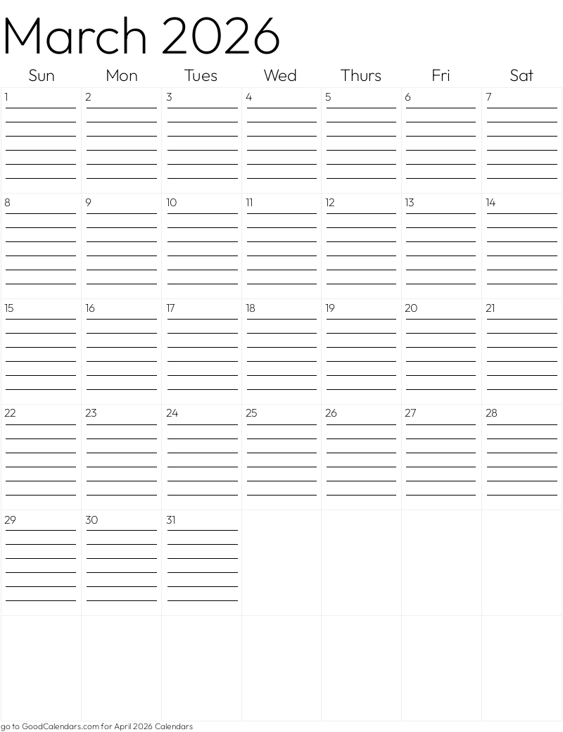 Lined March 2026 Calendar Template in Portrait