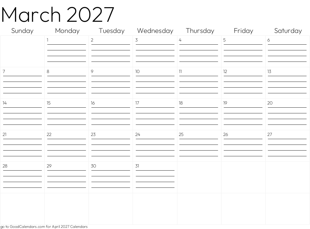 Lined March 2027 Calendar