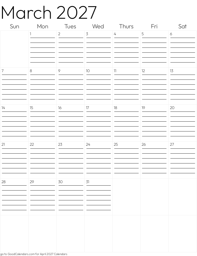 Lined March 2027 Calendar Template in Portrait