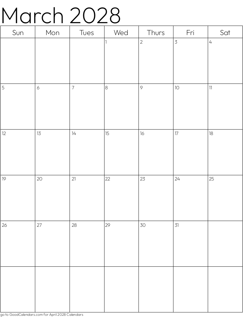 Standard March 2028 Calendar Template in Portrait