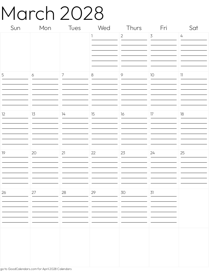 Lined March 2028 Calendar Template in Portrait