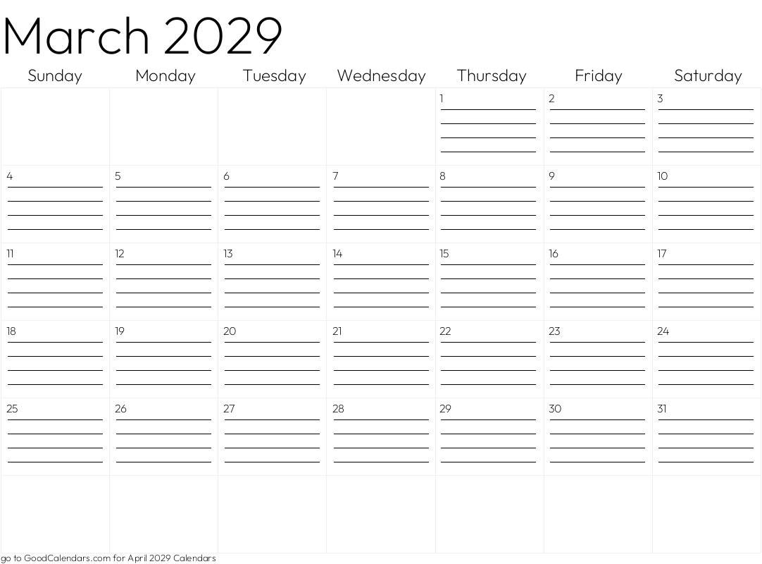 Lined March 2029 Calendar