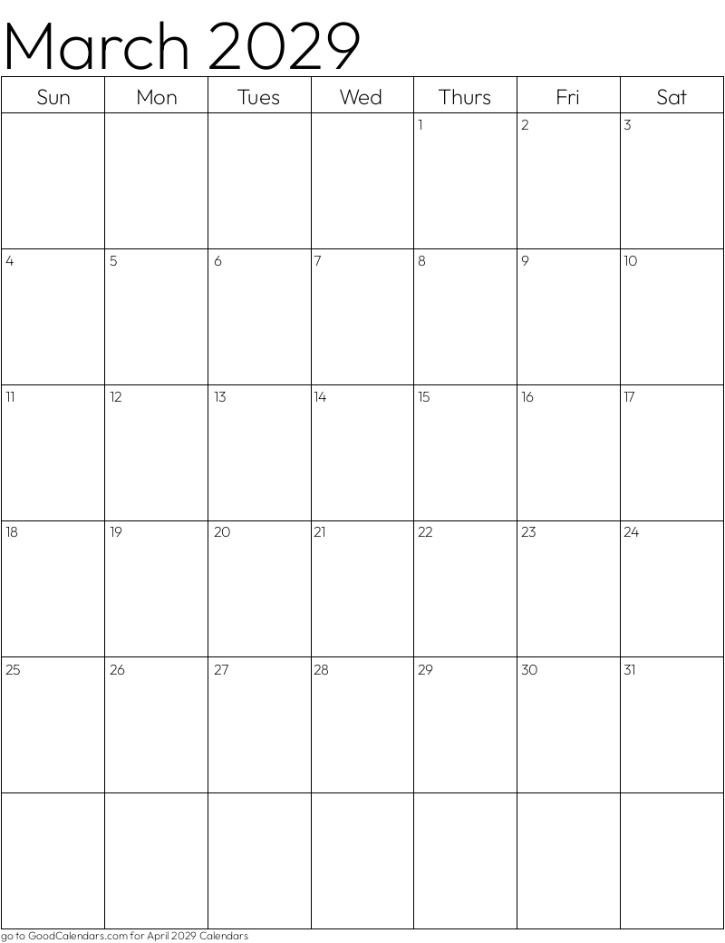 Standard March 2029 Calendar Template in Portrait