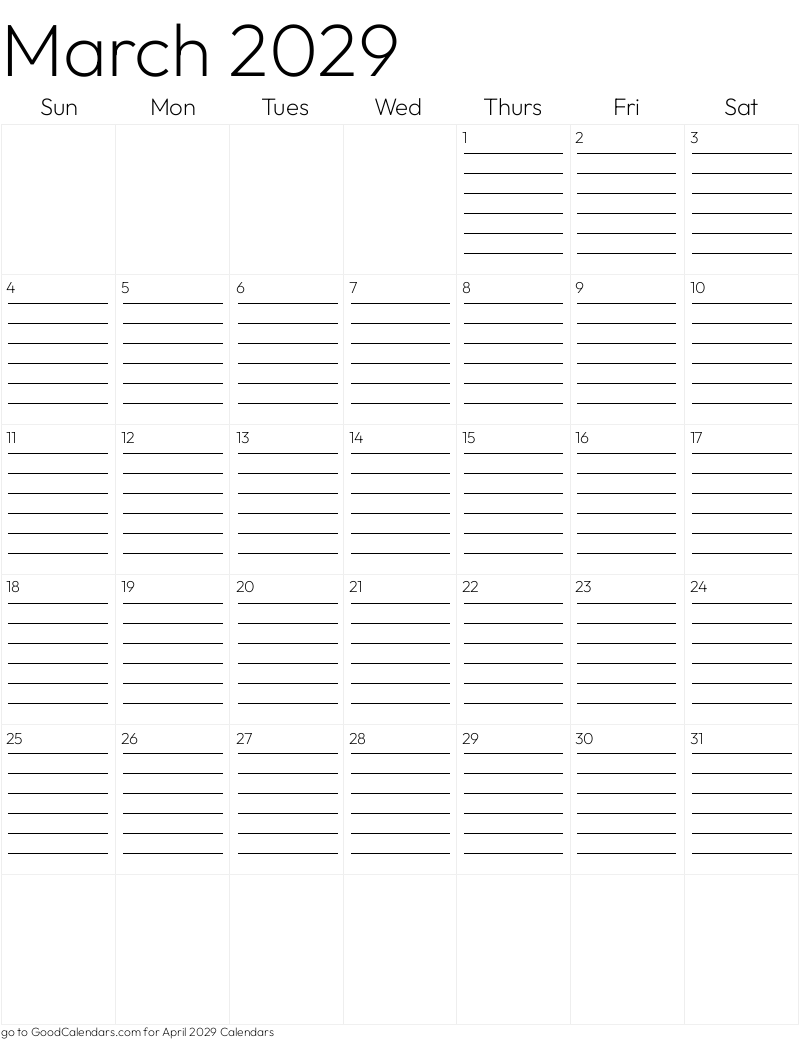 Lined March 2029 Calendar Template in Portrait