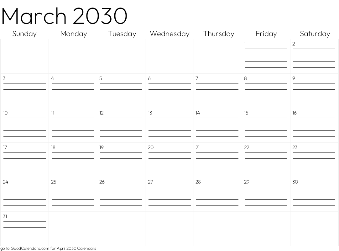 Lined March 2030 Calendar