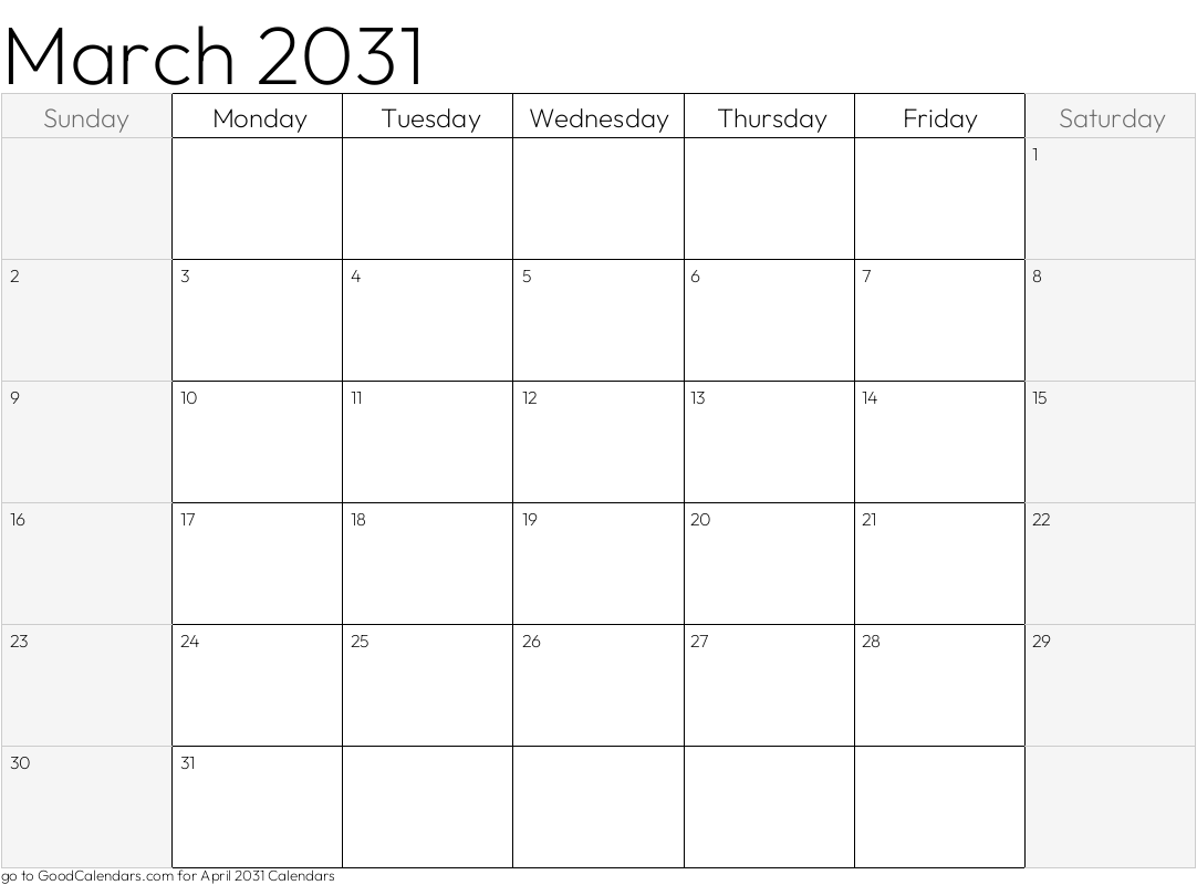 Shaded Weekends March 2031 Calendar Template in Landscape