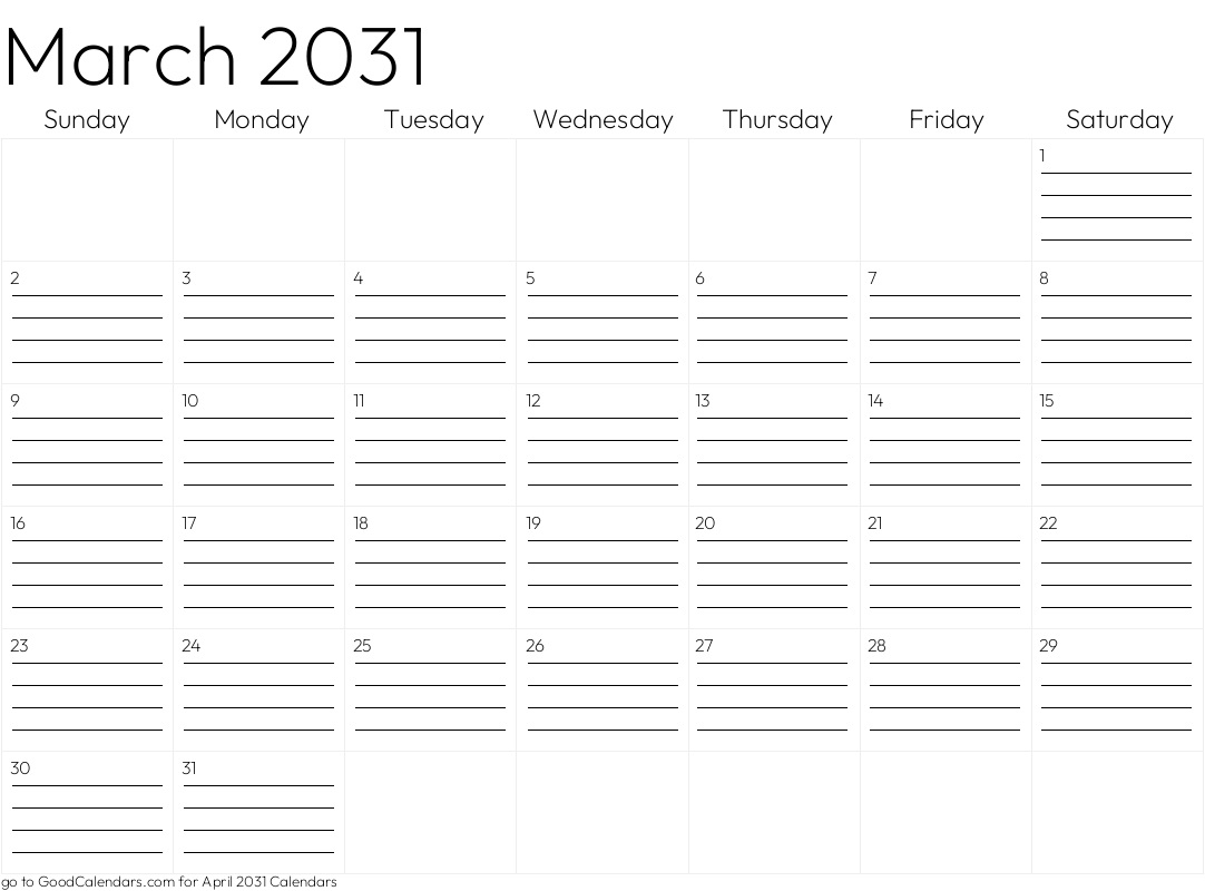 Lined March 2031 Calendar Template in Landscape