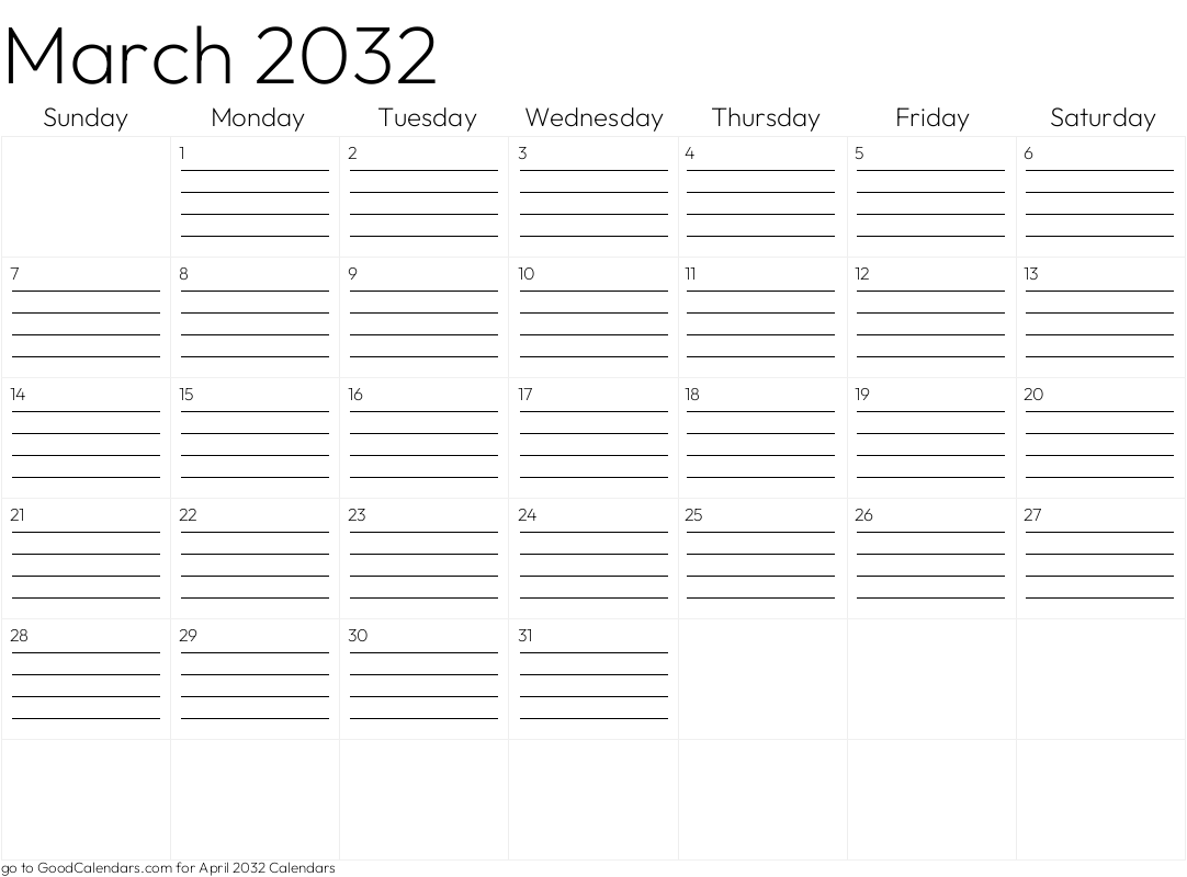 Lined March 2032 Calendar Template in Landscape