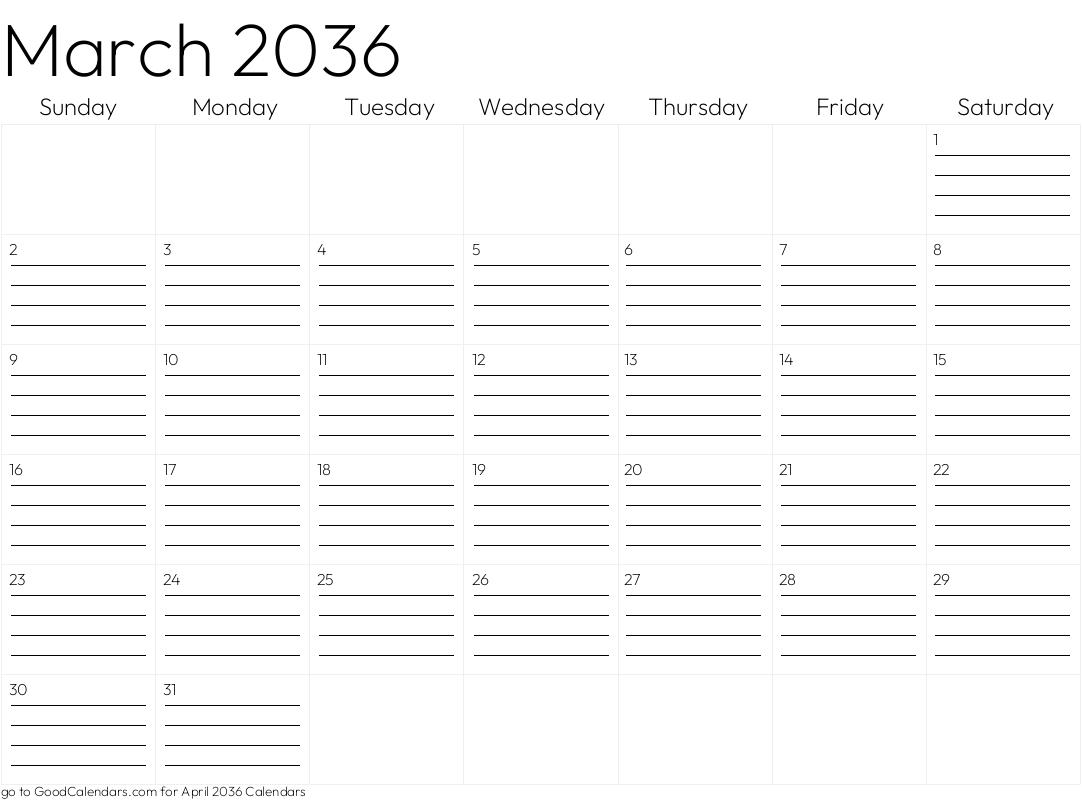 Lined March 2036 Calendar Template in Landscape