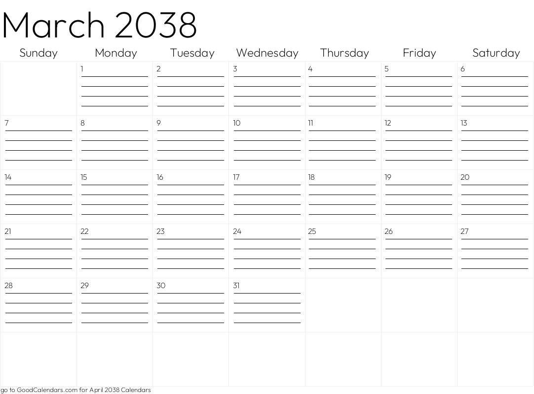 Lined March 2038 Calendar Template in Landscape