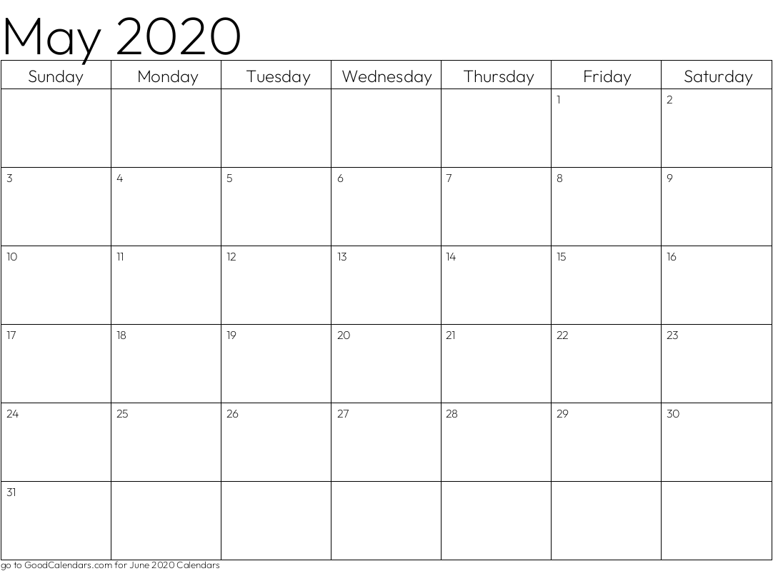 Standard May 2020 Calendar