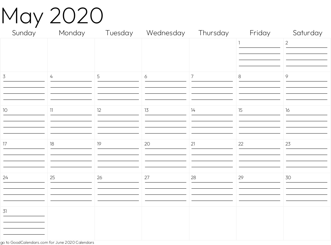 Lined May 2020 Calendar Template in Landscape