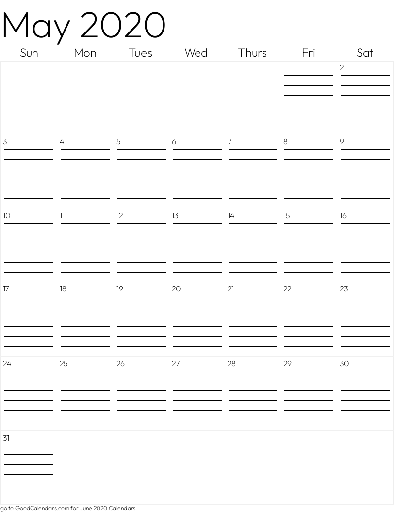 Lined May 2020 Calendar Template in Portrait