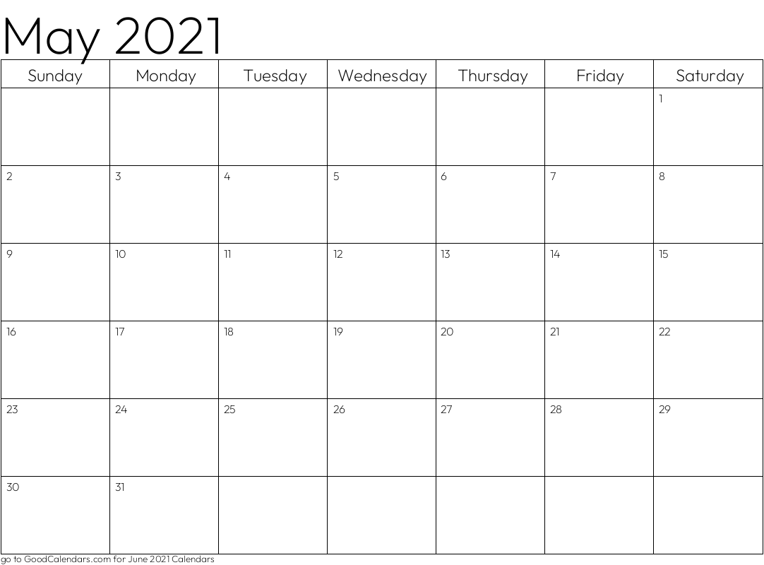 Standard May 2021 Calendar Template in Landscape