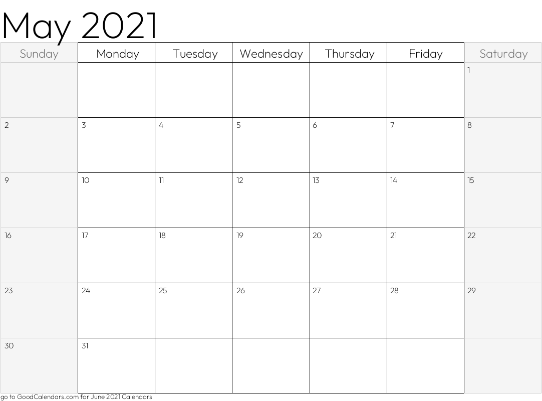 Shaded Weekends May 2021 Calendar Template in Landscape