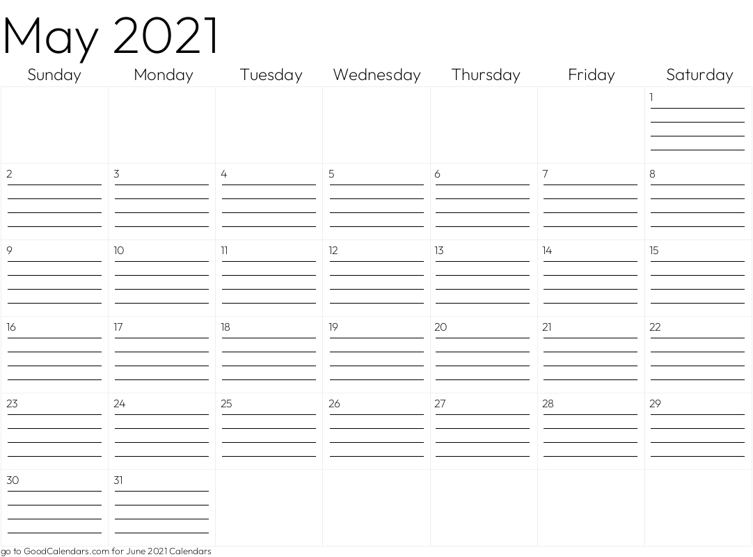 Lined May 2021 Calendar Template in Landscape