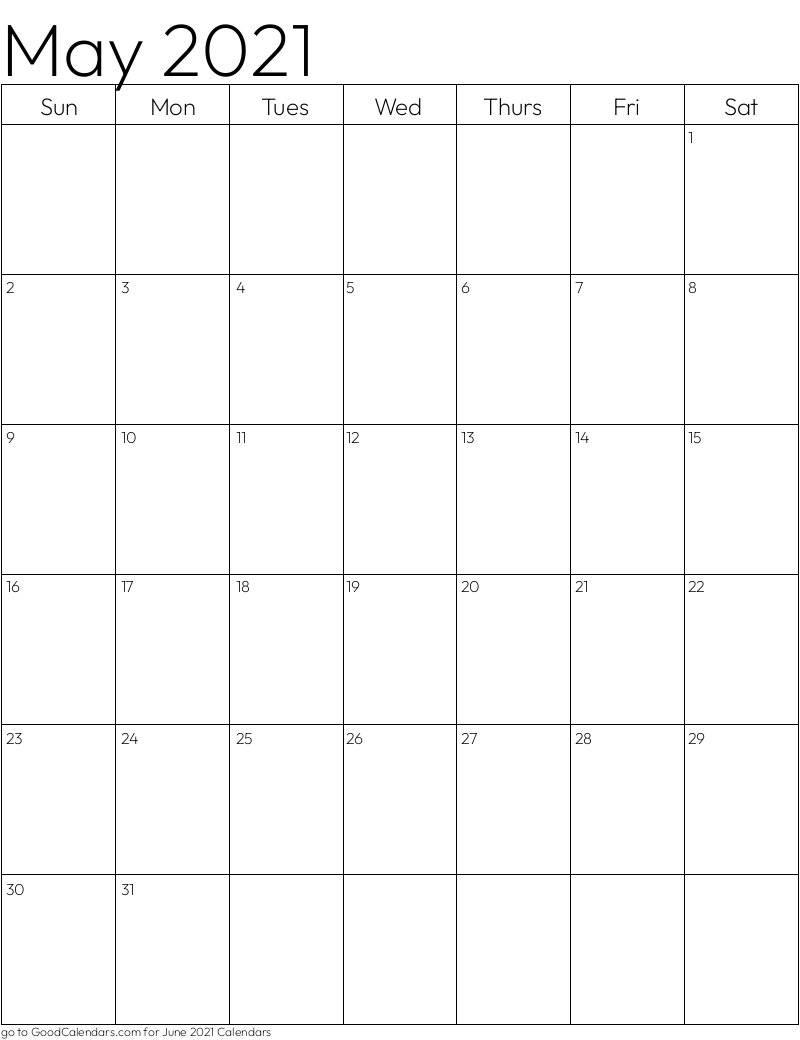 Standard May 2021 Calendar Template in Portrait