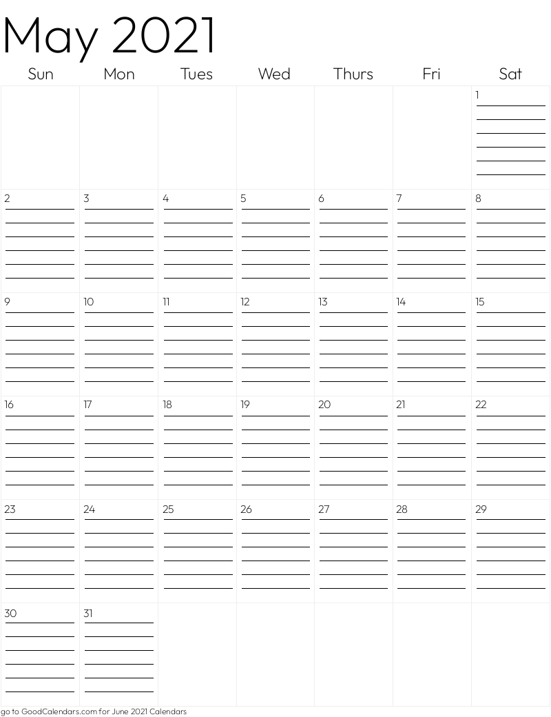 Lined May 2021 Calendar Template in Portrait