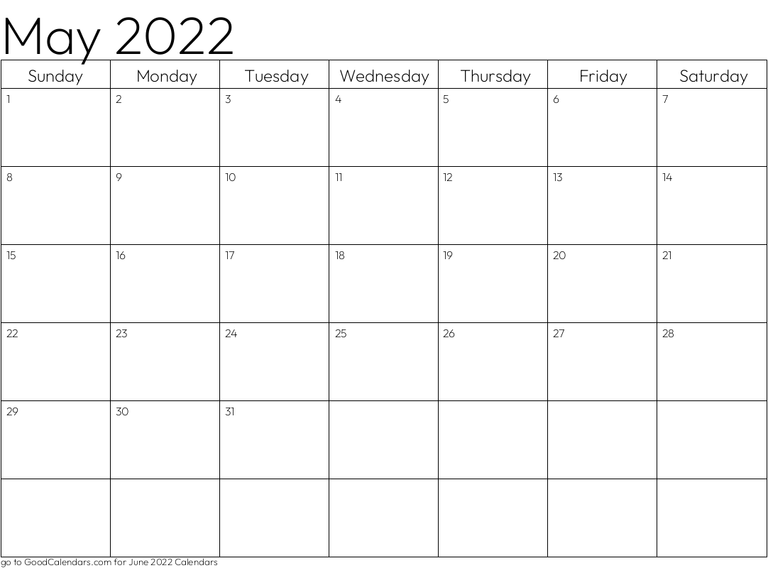 Standard May 2022 Calendar