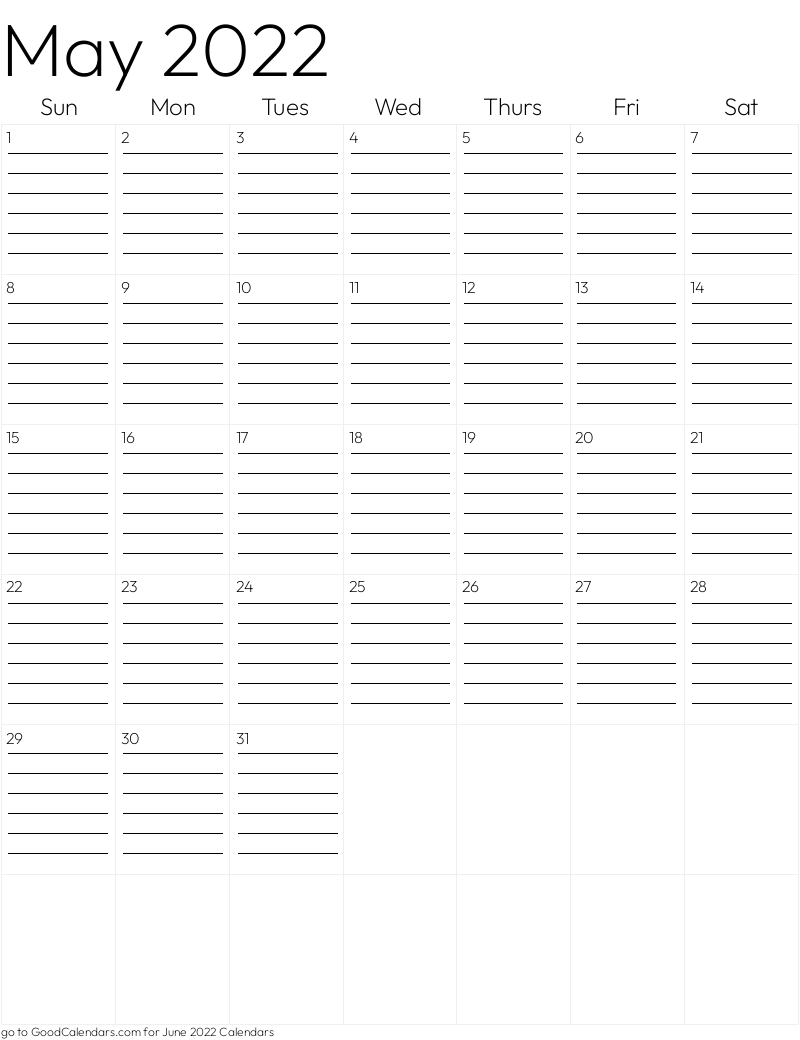 Lined May 2022 Calendar Template in Portrait