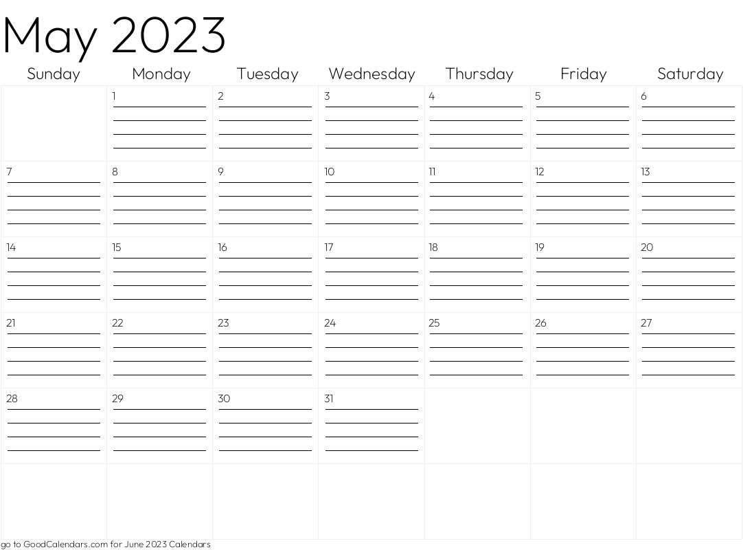 Lined May 2023 Calendar Template in Landscape
