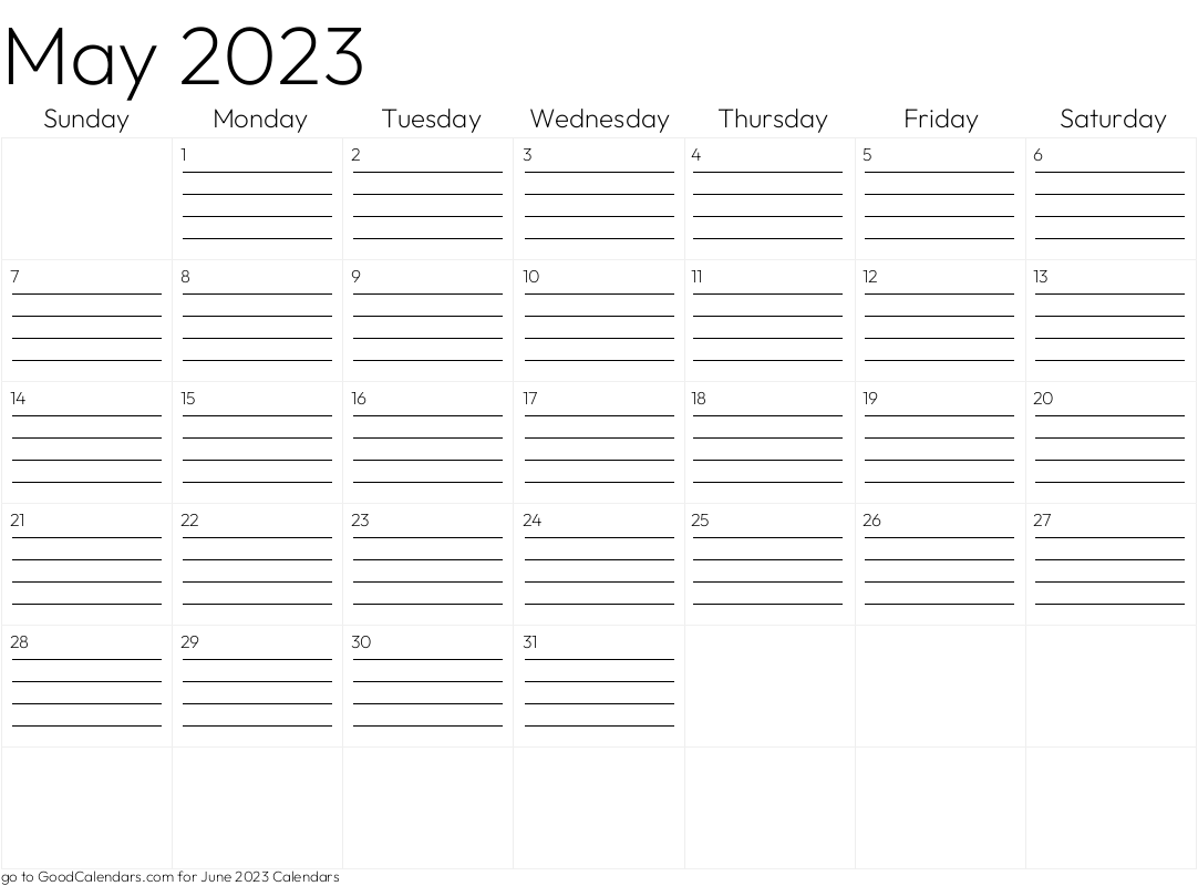 Lined May 2023 Calendar Template In Landscape