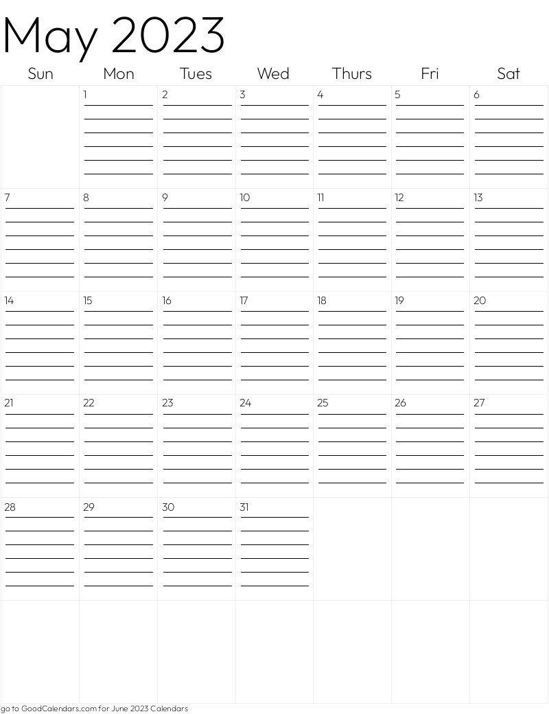 Lined May 2023 Calendar Template in Portrait