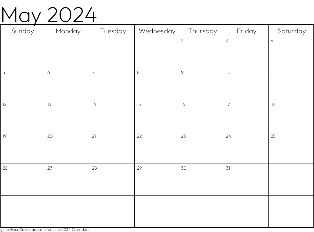 Standard May 2024 Calendar Template in Landscape