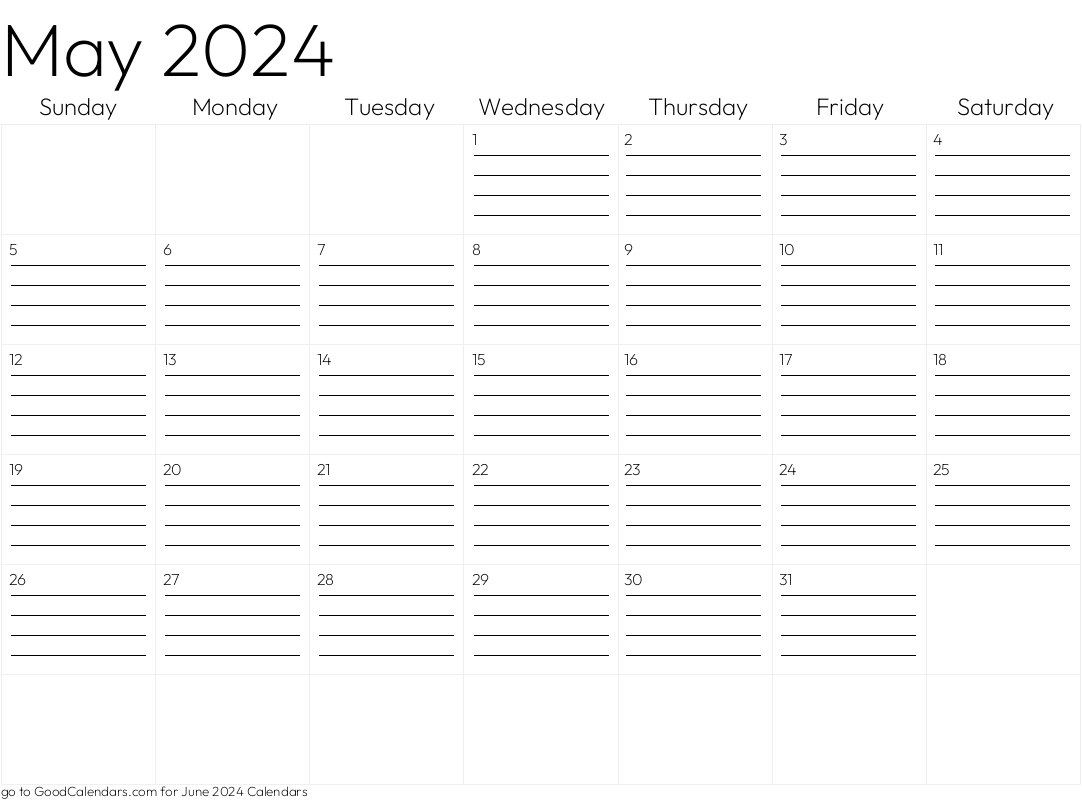 Lined May 2024 Calendar Template in Landscape