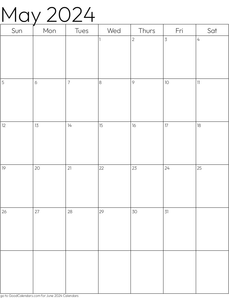 Standard May 2024 Calendar Template in Portrait