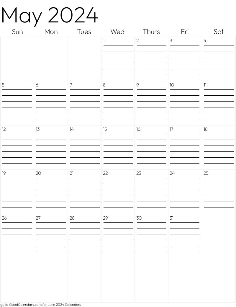 Lined May 2024 Calendar Template in Portrait