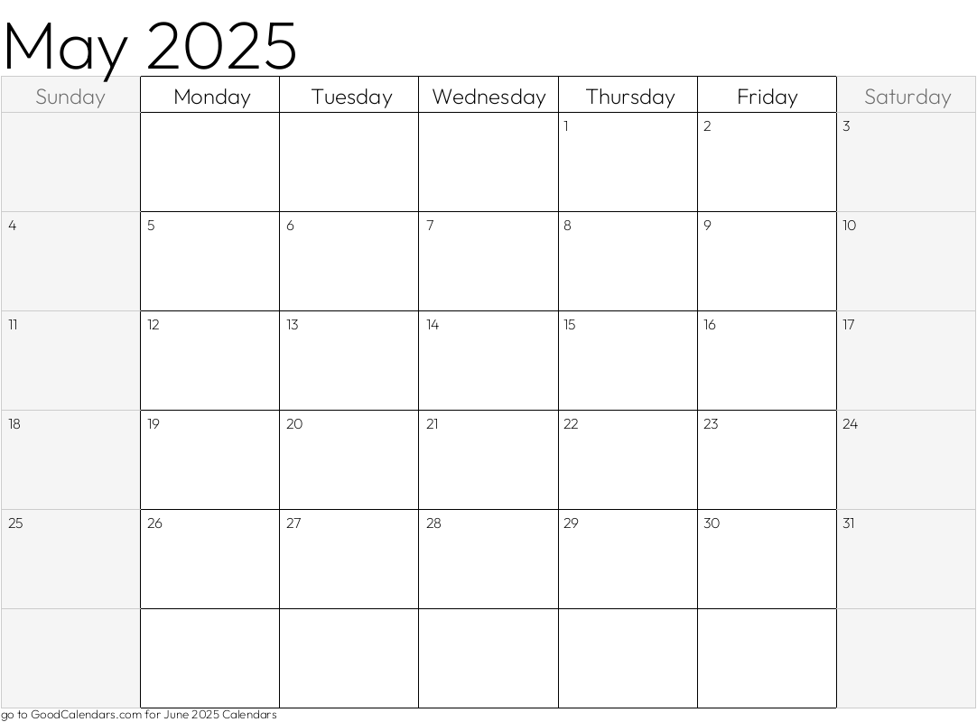 Shaded Weekends May 2025 Calendar Template in Landscape
