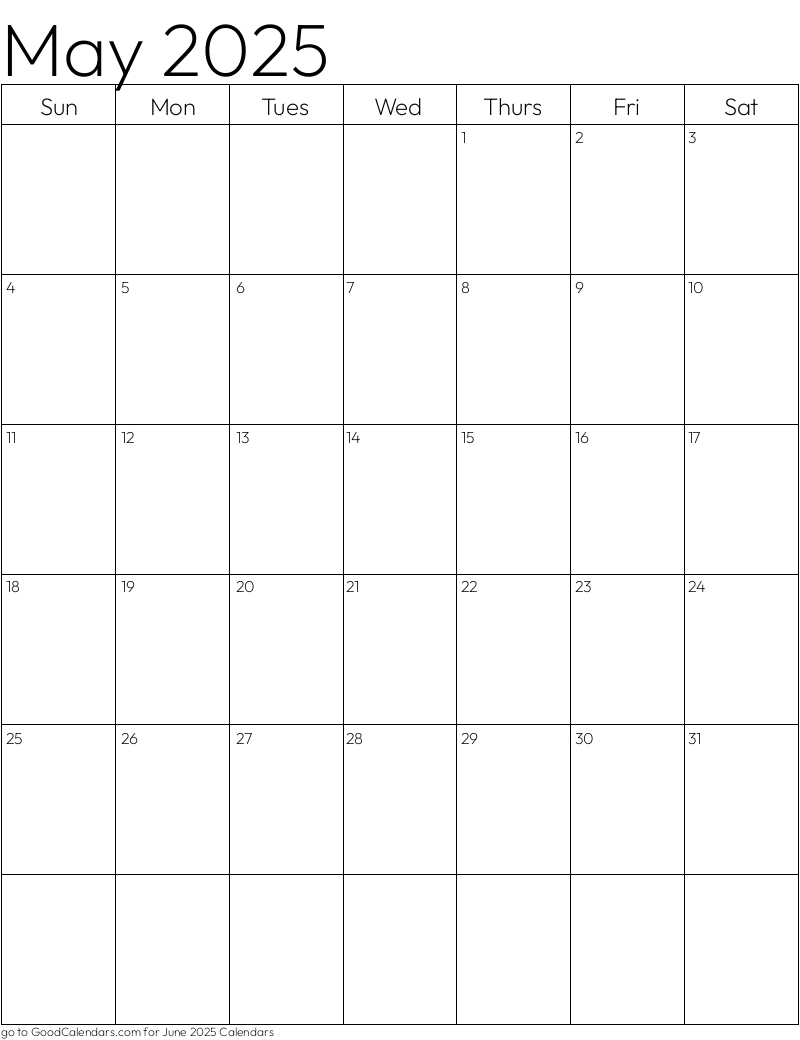 Standard May 2025 Calendar Template in Portrait