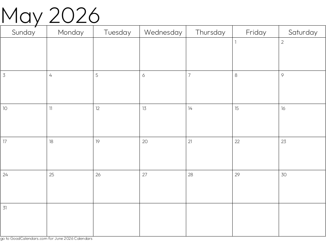 Standard May 2026 Calendar Template in Landscape