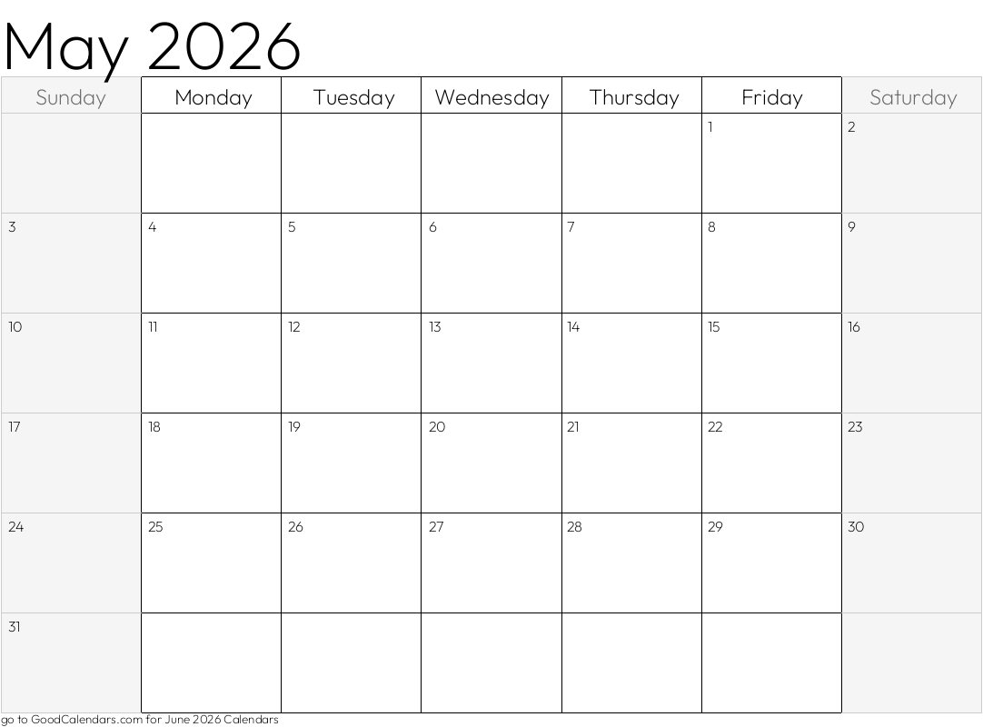 May 2026 Calendar with shaded weekends