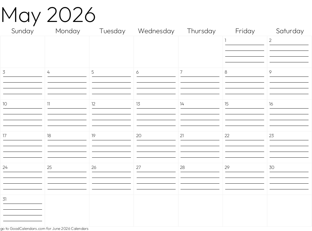 Lined May 2026 Calendar Template in Landscape