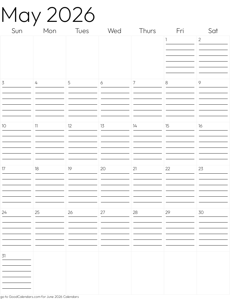 Lined May 2026 Calendar Template in Portrait