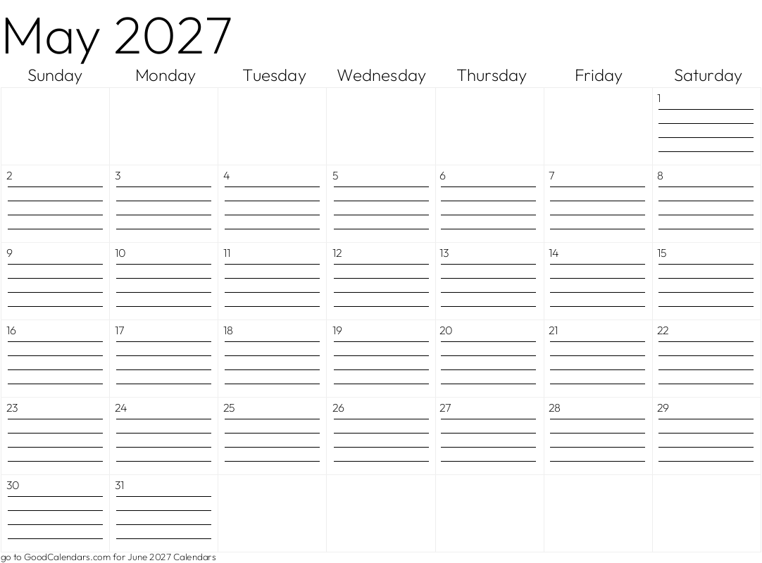 Lined May 2027 Calendar