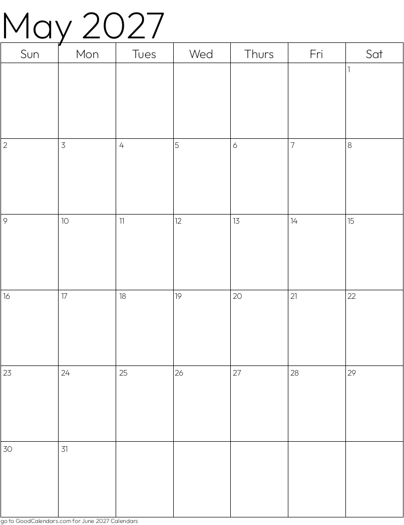 Standard May 2027 Calendar Template in Portrait