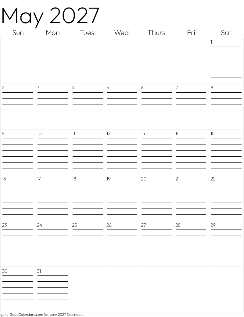 Lined May 2027 Calendar Template in Portrait