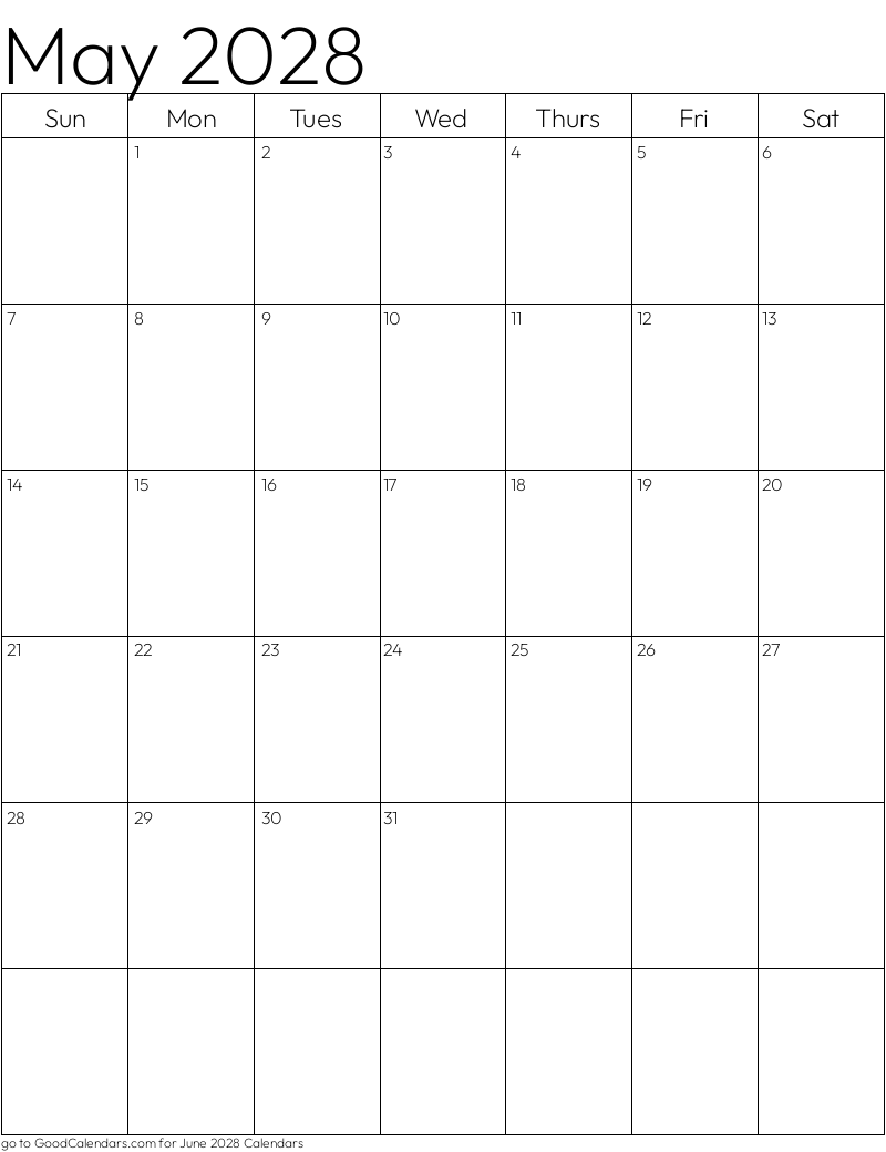 Standard May 2028 Calendar Template in Portrait