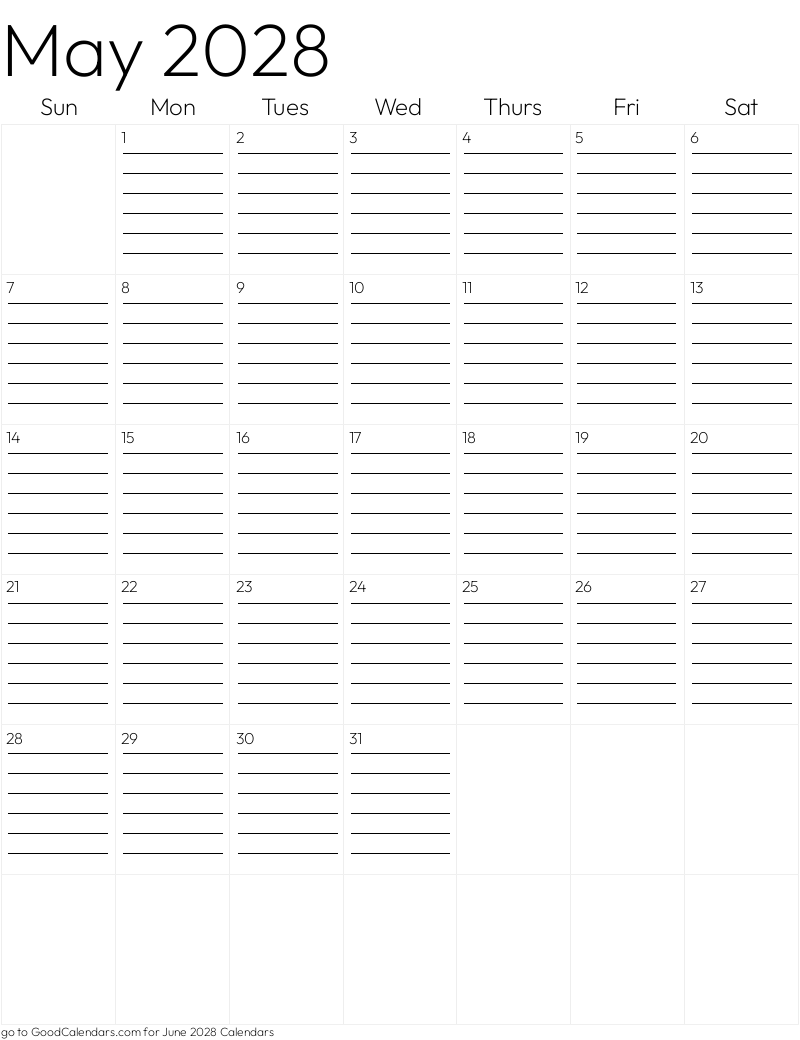 Lined May 2028 Calendar Template in Portrait