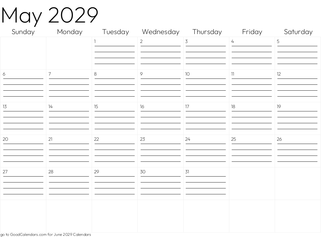 Lined May 2029 Calendar Template in Landscape