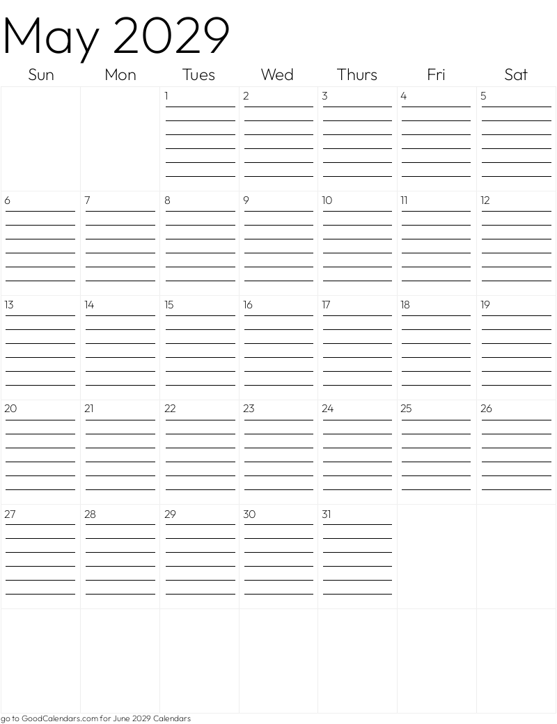 Lined May 2029 Calendar Template in Portrait