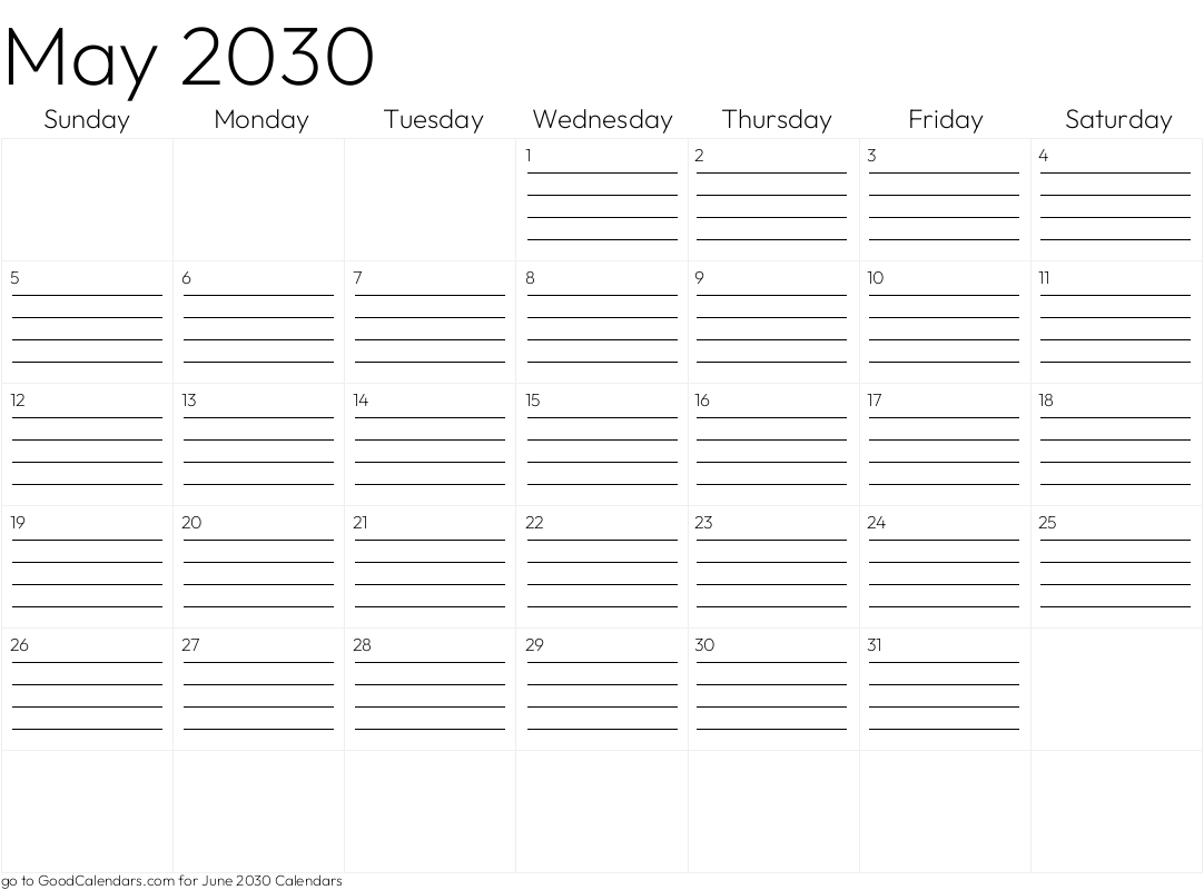 Lined May 2030 Calendar Template in Landscape