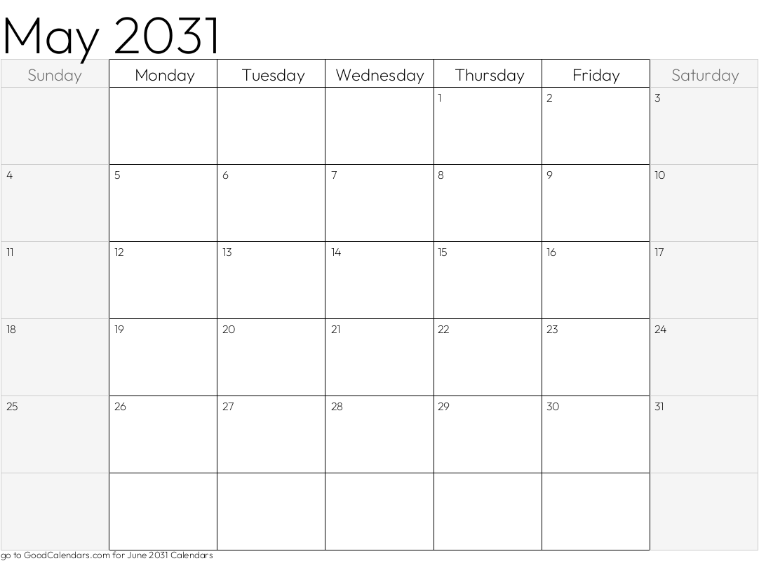 May 2031 Calendar with shaded weekends