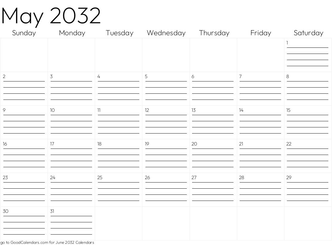 Lined May 2032 Calendar Template in Landscape