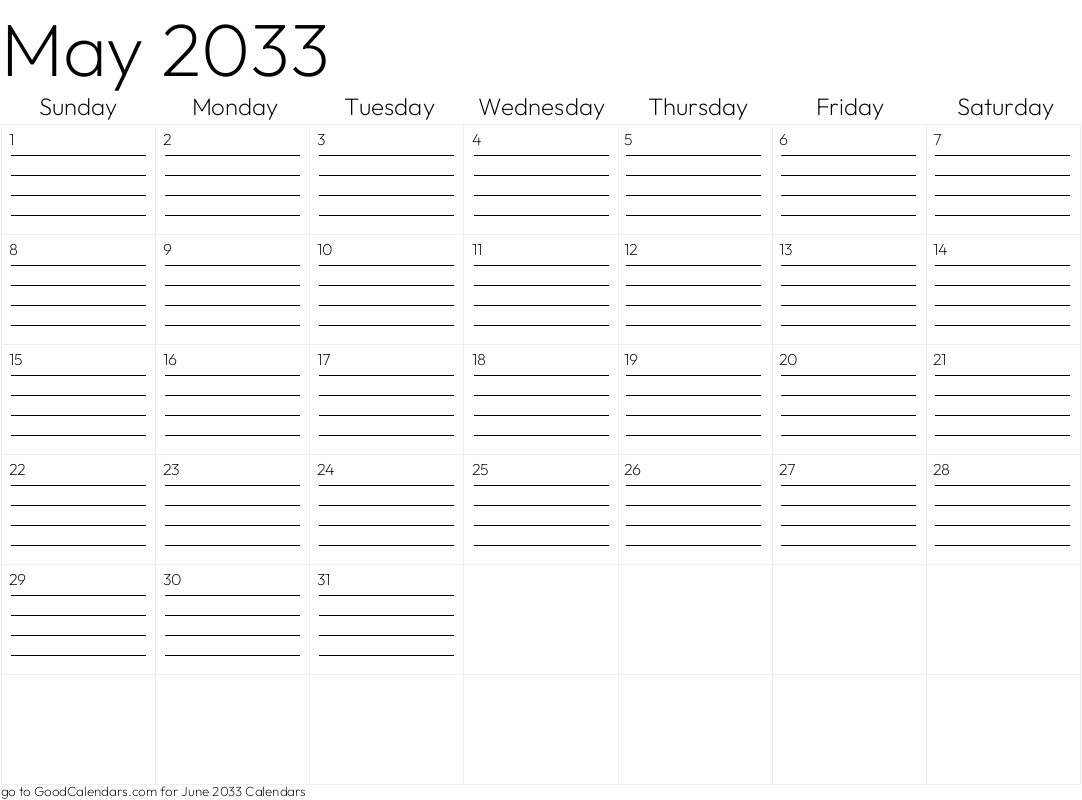 Lined May 2033 Calendar Template in Landscape