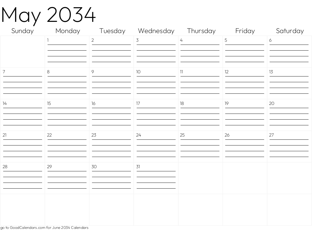 Lined May 2034 Calendar Template in Landscape