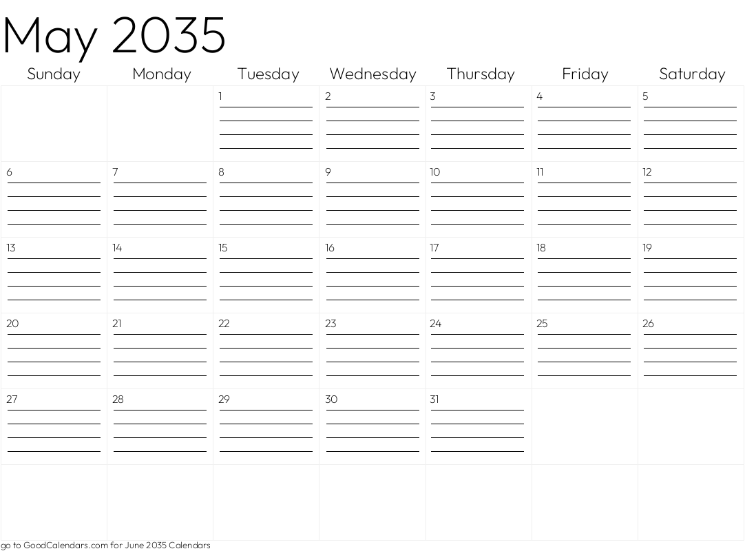 Lined May 2035 Calendar Template in Landscape